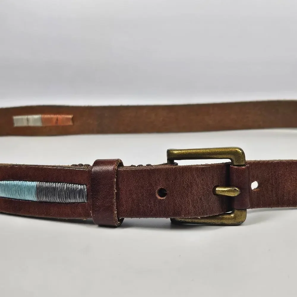 LUCKY BRAND VINTAGE BROWN GENUINE LEATHER BELT – MULTICOLOR STITCHING – SIZE 36
